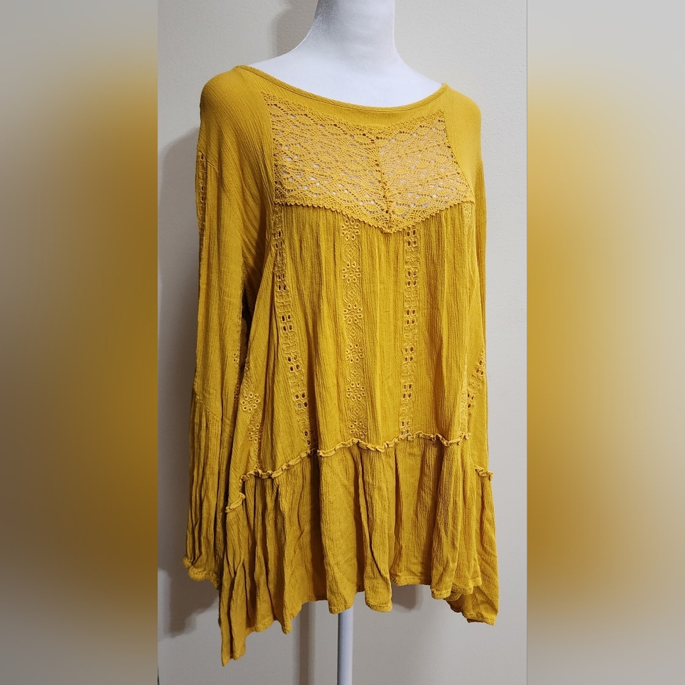 Adiva Boho Crinkled Lace Mustard Yellow Tunic Top Size L